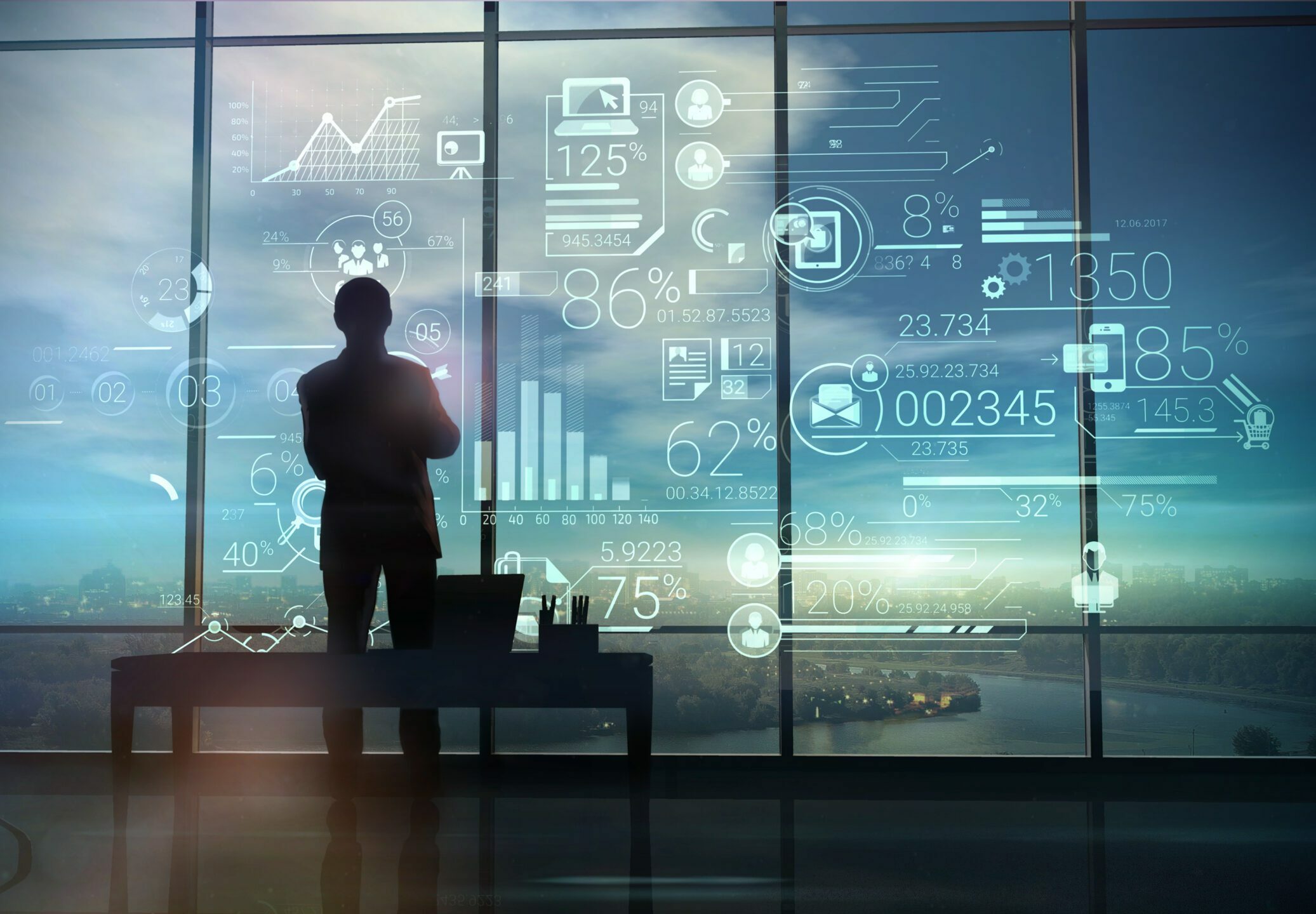 AdobeStock 194646614 Silhouette of the man in the office and corporate infographic scaled e1649947773837